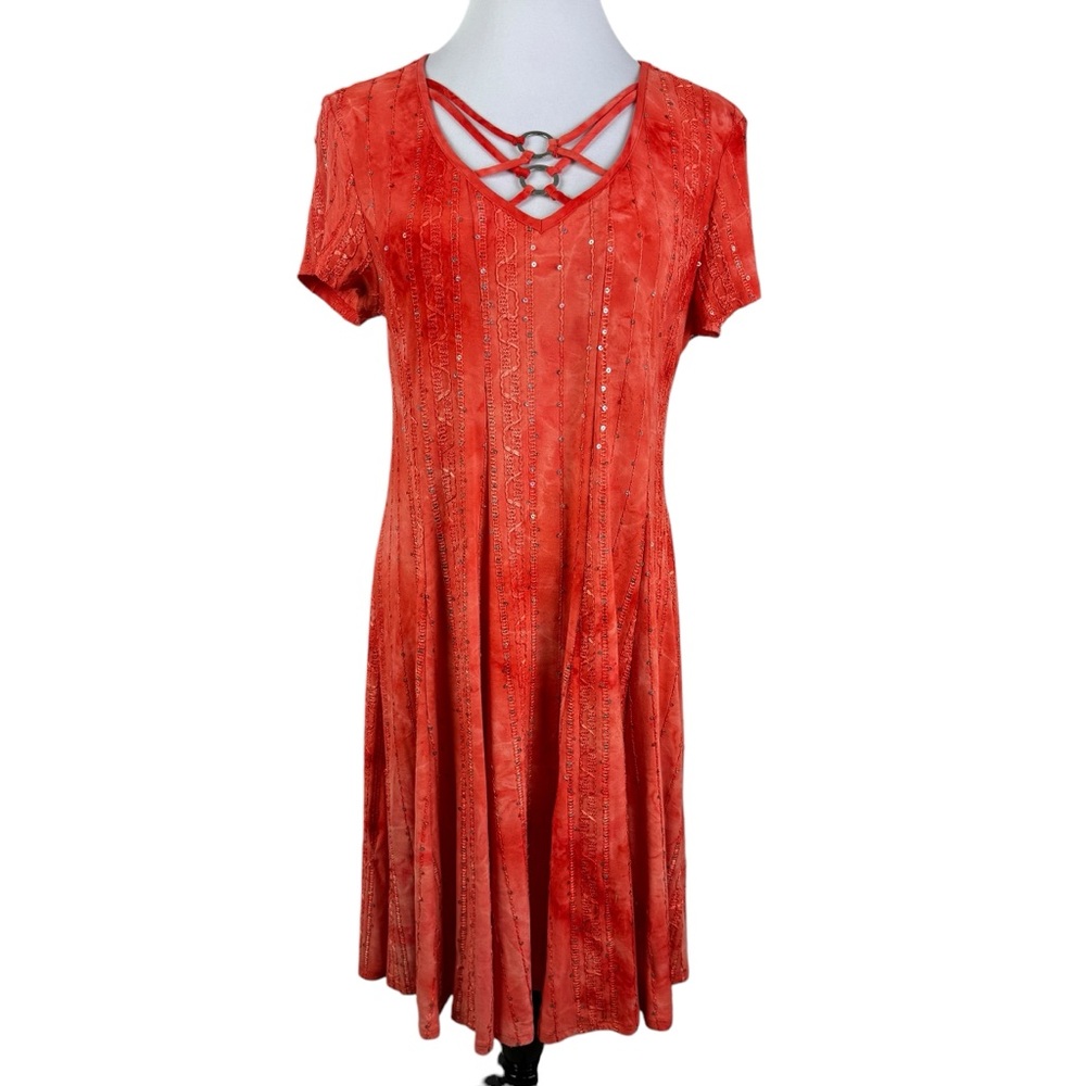 Women’s Coral Red Short-Sleeve Swing Dress with Crisscross Neckline